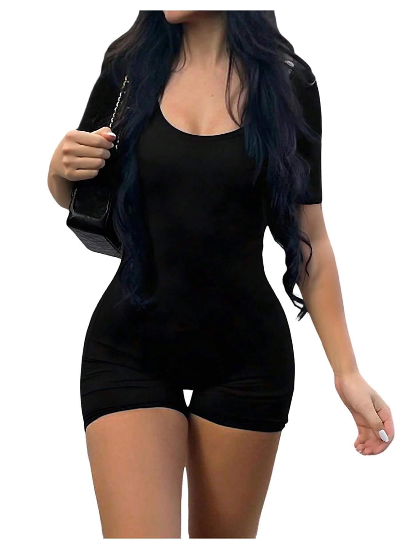 wdirara Women's Workout Yoga Bodycon Romper Short Sleeve Scoop Neck Shorts Jumpsuit-picture-16