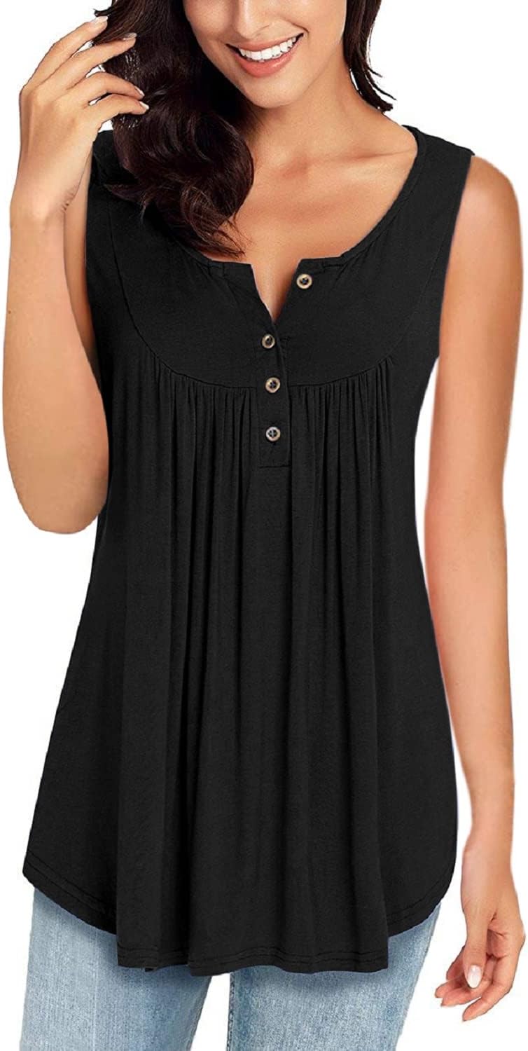 MIROLWomens Summer Sleeveless V Neck Solid Color Casual Swing Shirts Flowy Tank Tops Blouses with Buttons
