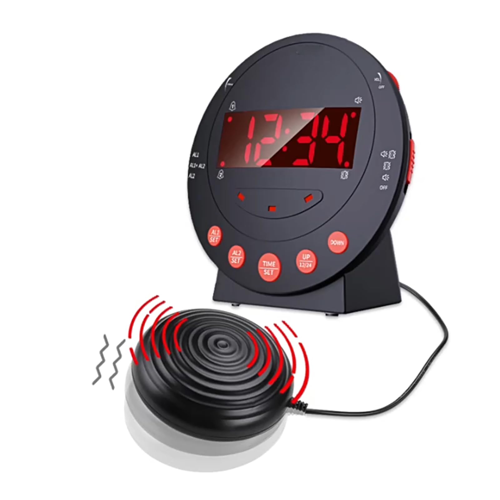 Kavolet Reloj Despertador Vibratorio para Personas Que Duermen Mucho con Control de Brillo y Volumen, Dos Puertos USB, Personas Mayores, Sordas, 2 Alarmas, Función de Repetición (Negra)