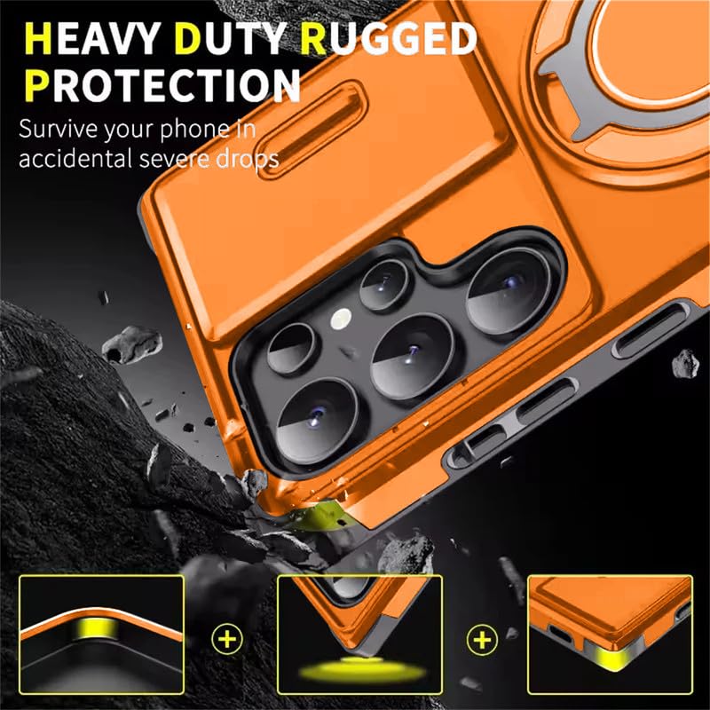 Image of LuxuryKase Shockproof Rugged Case for Samsung Galaxy S24 Ultra | Slide Camera Cover | 360 Rotating Ring Kickstand | Military-Grade Protection - Sunset Orange