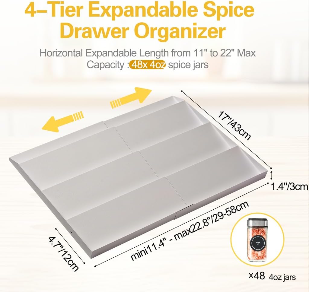 GOENDR Spice Drawer Organizer, 4-Tier Metal Spice Rack for Drawer, Expandable Seasoning Organizer Fits 11.4-22.8” Wide Drawer, Holds up to 48 Spice Jars (Not Included), White