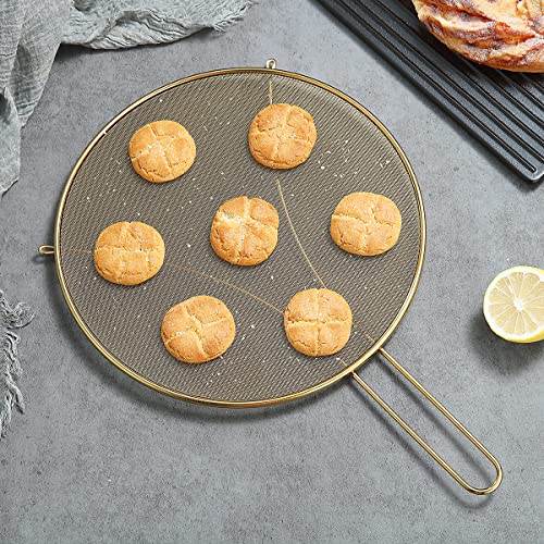 Gold Splatter Screen For Cooking 11.8'', Stainless Steel Grease Splatter Guard For Frying Pan, Fine Mesh Splatter Screen With Resting Feet, Comfort Grip Handle, Safe Cooking Lid, Keeps Kitchen Clean #TOP2