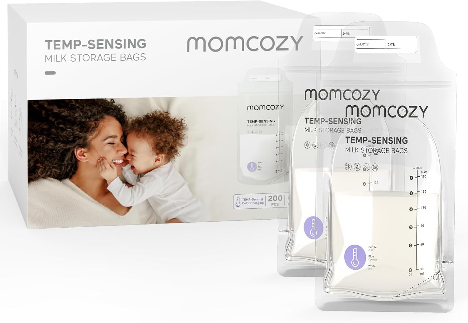 Breastmilk Storage Bags, 200PCS Value Pack, Temp-Sensing Discoloration Milk Storing Bags for Breastfeeding, Presterilized, Hygienically Doubled-Sealing, for Freezing, 6 Ounce