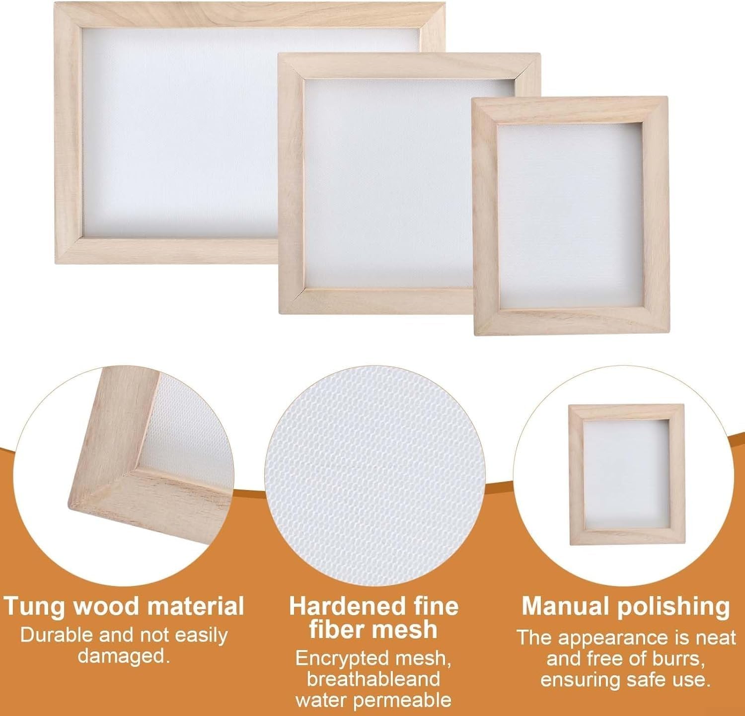 Juego de marcos de papel de madera diseñado para procesos manuales de fabricación de papel con tres tamaños de marco para mayor flexibilidad