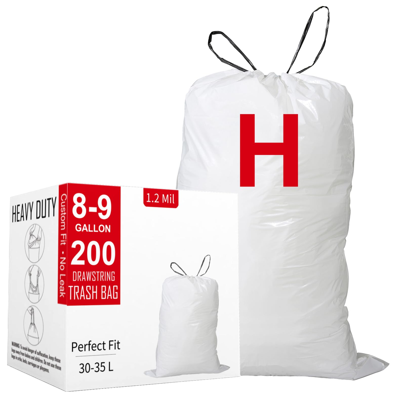 Code H (200 Count) 8-9 Gallon Heavy Duty Drawstring Plastic Trash Bags Compatible with simplehuman Code H | 1.2 Mil | White Drawstring Garbage Liners 8-9 Gallon/30-35 Liter