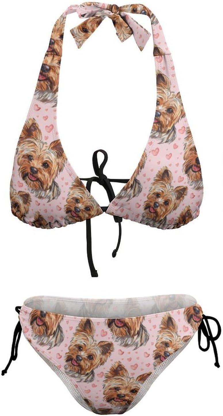 Cute Yorkie Dog Novelty Women's 2 Piece String Bikini Set Swimsuits Bathing Suit Swimwear