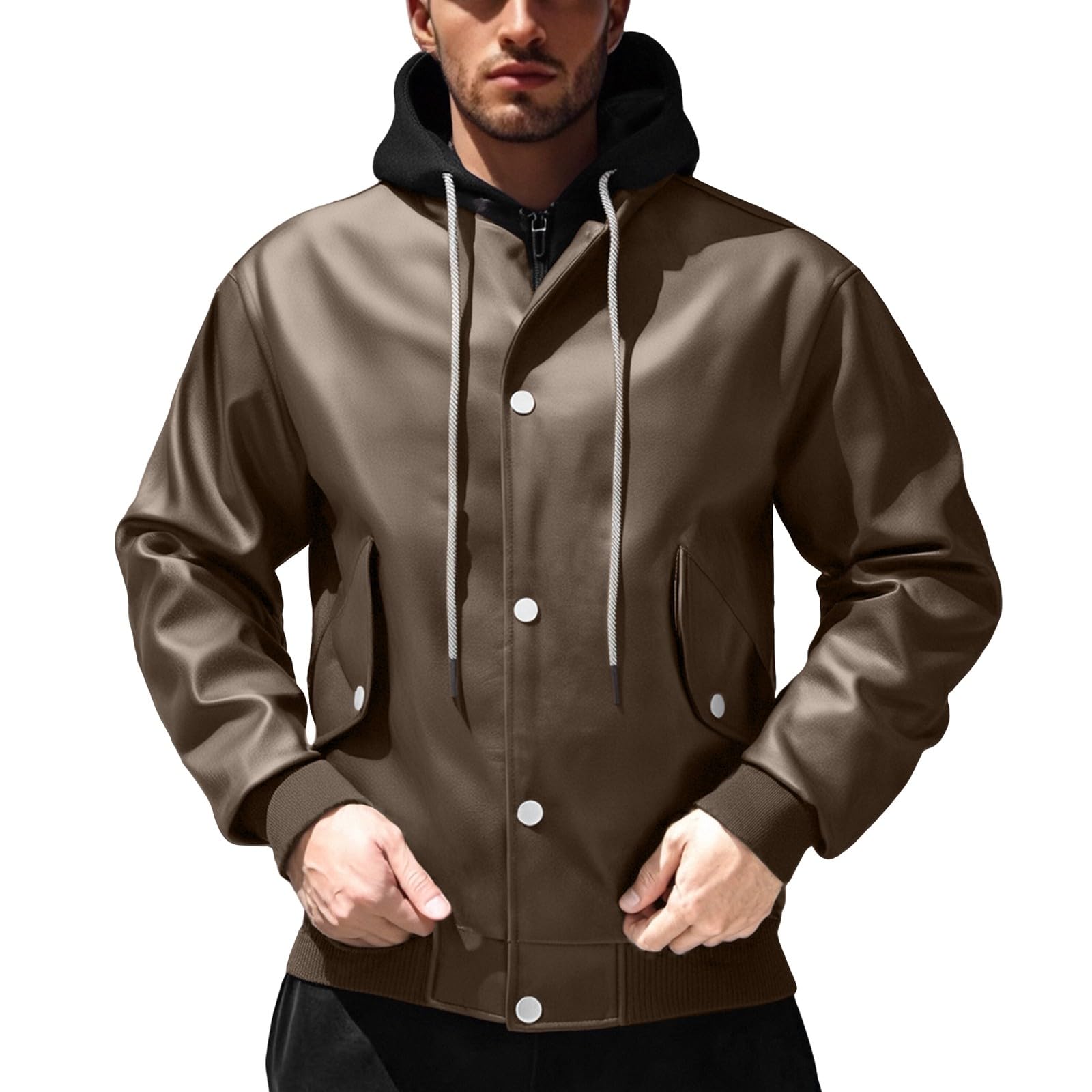 Giacca in pelle da uomo con cappuccio, taglie forti, con bottoni, stile | Giacca in ecopelle da uomo, bomber con coulisse, giacca da motociclista vintage, business, casual, sport all'aria aperta
