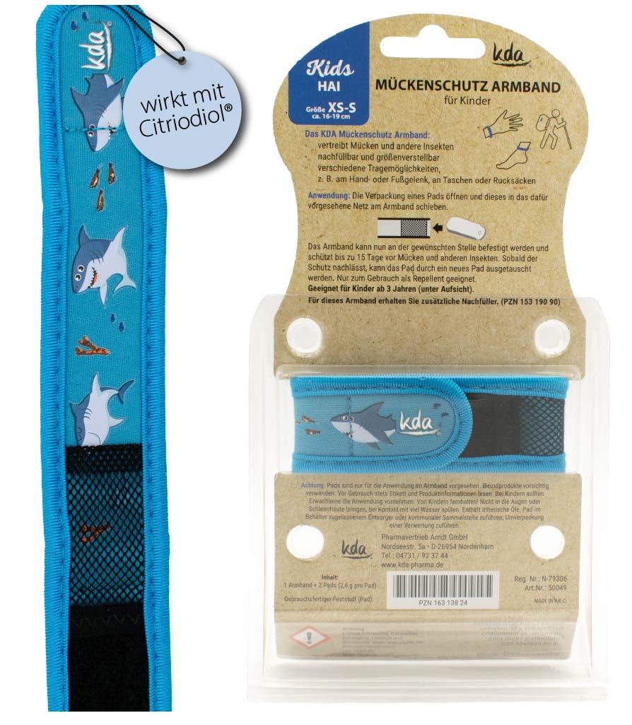 kda Mückenschutz Armband Sparset - 2 Armbänder mit gratis Nachfüller - Nachfüllpack Mückenarmband Sommer Sonne Camping (Einhorn-Hai)