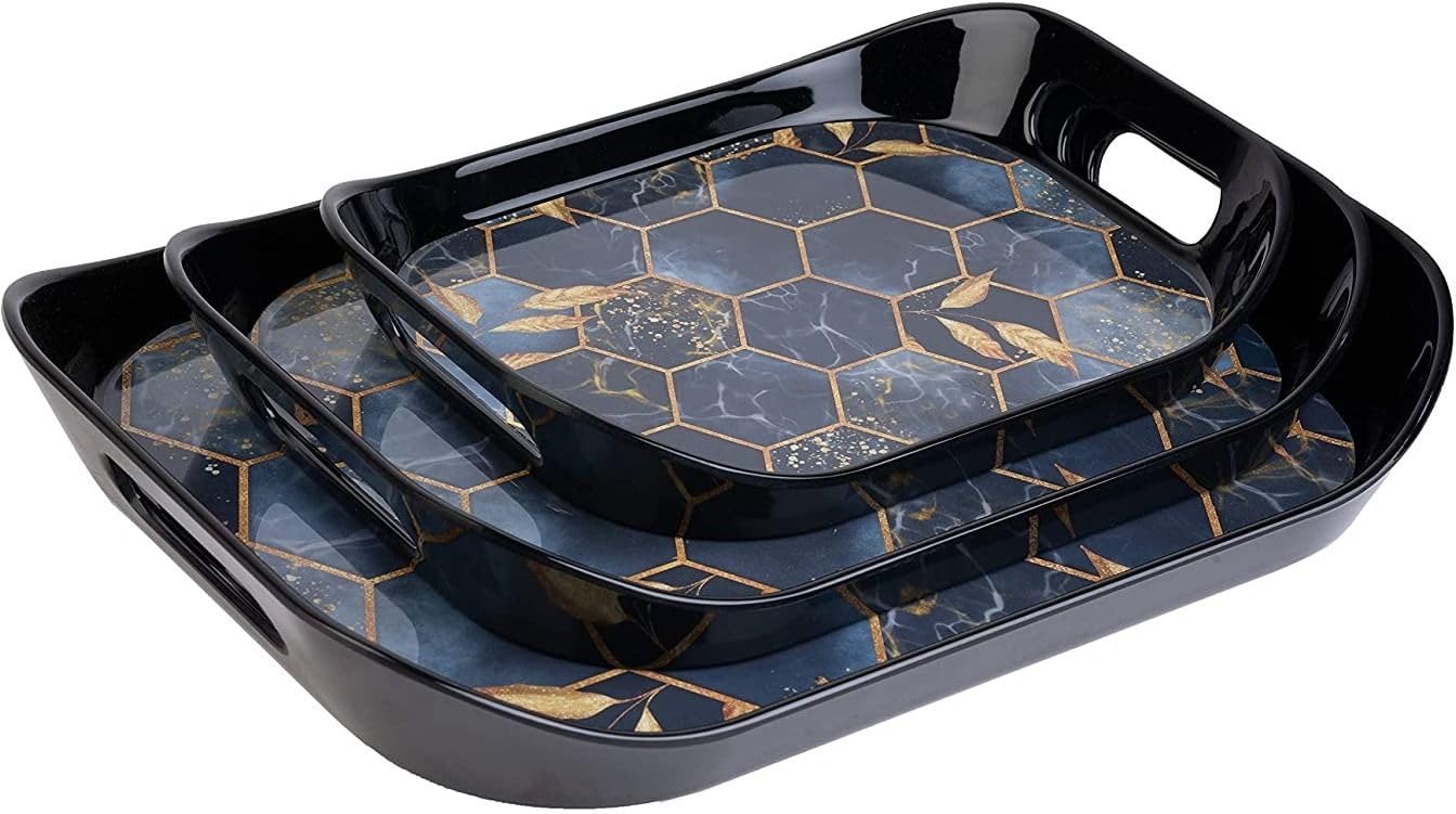 SORATH Set of 3 Printed Plastic Serving Trays | Multipurpose Kitchen & Dining Serving Set | Lightweight, Durable, Easy to Clean Trays for Snacks, Tea, Coffee & Food Serving (Honey Comb)-image-37