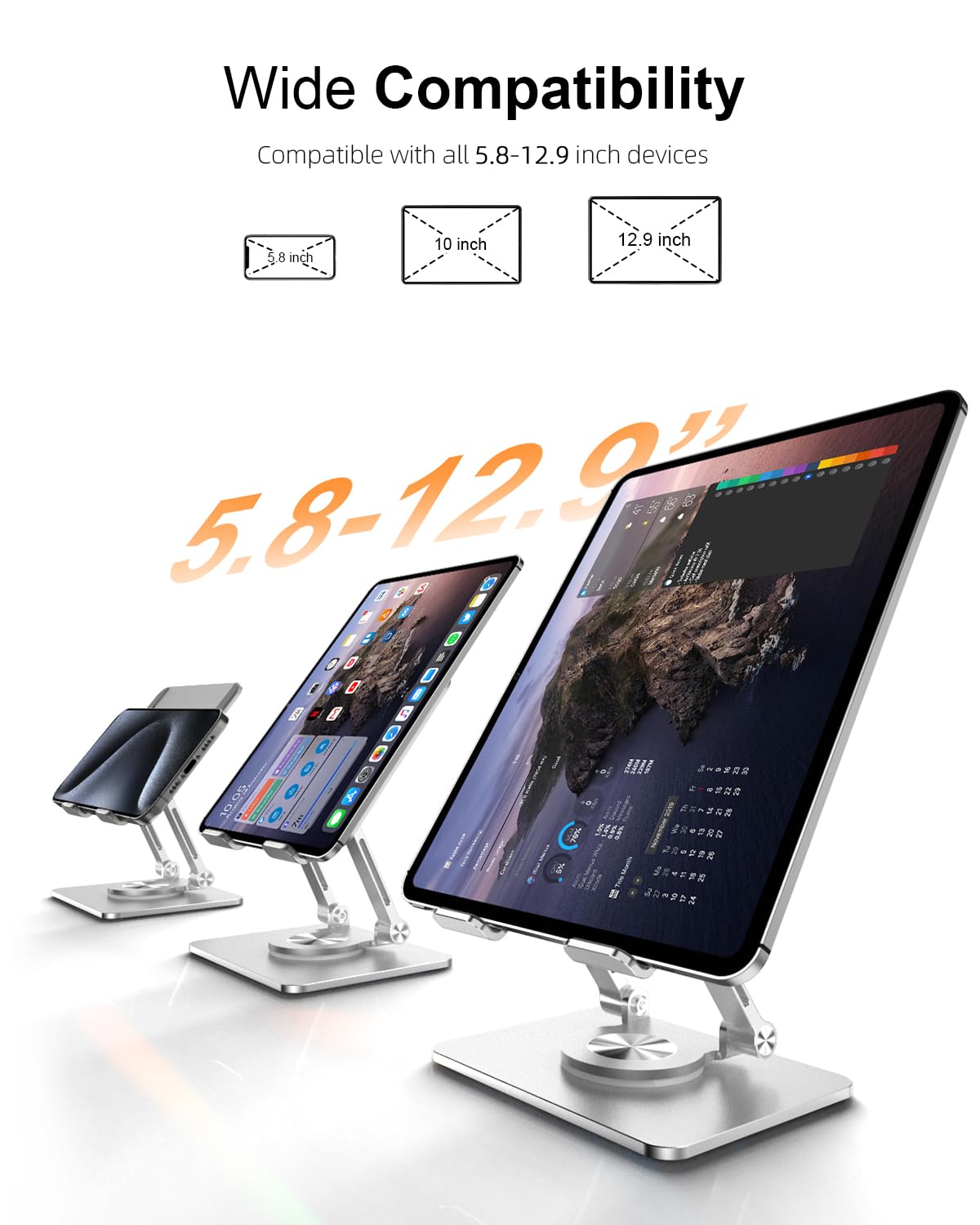 Orlian Tablet-Ständer mit verdickter, um 360° drehbarer Basis, Doppelstange, verstellbarer Aluminium-Ständer für alle 5,8-12,9 Zoll iPads, Samsung, Handys, Tablets, Kindle, E-Reader und mehr, Silber