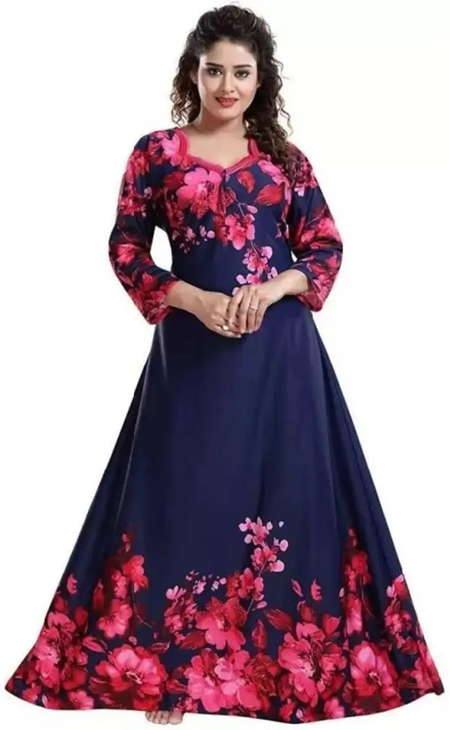 Women's Floral Printed Anarkali Nighty | Full Length Maxi Night Gown | Soft & Breathable Lounge Wear | Elegant Long Sleeve Sleepwear | Comfortable Home Wear Dress for Women-picture-36