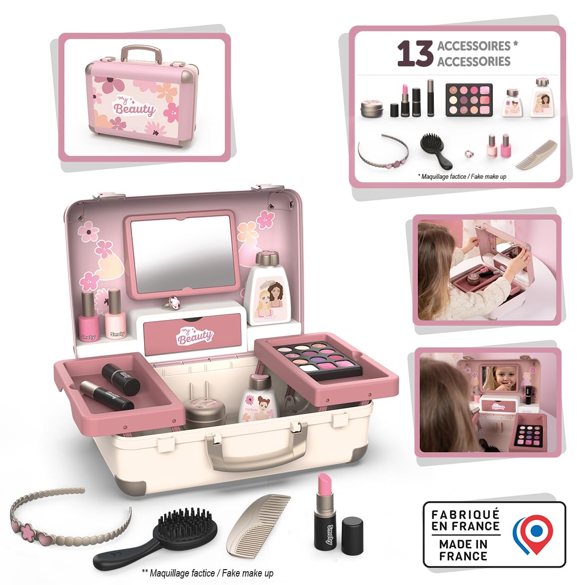 Smoby - My Beauty Kosmetikkoffer – Frisieren + Schminken - Mitnehm-Spielkoffer mit Spiegel & Zubehör (unechte Spielkosmetika), für Kinder ab 3 Jahren