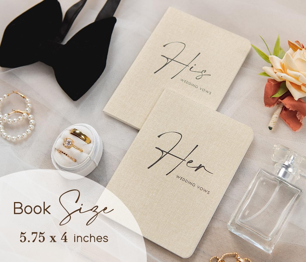 Slim Vow Books (Set of 2 - Design 4) - Soft Cream Canvas Linen Textured Cover Wedding Vow Booklets, Ceremony Speech Promise Notebook Journal, Gift for Newly Engaged Couple, 48 Lined Pages, 5.75" x 4"