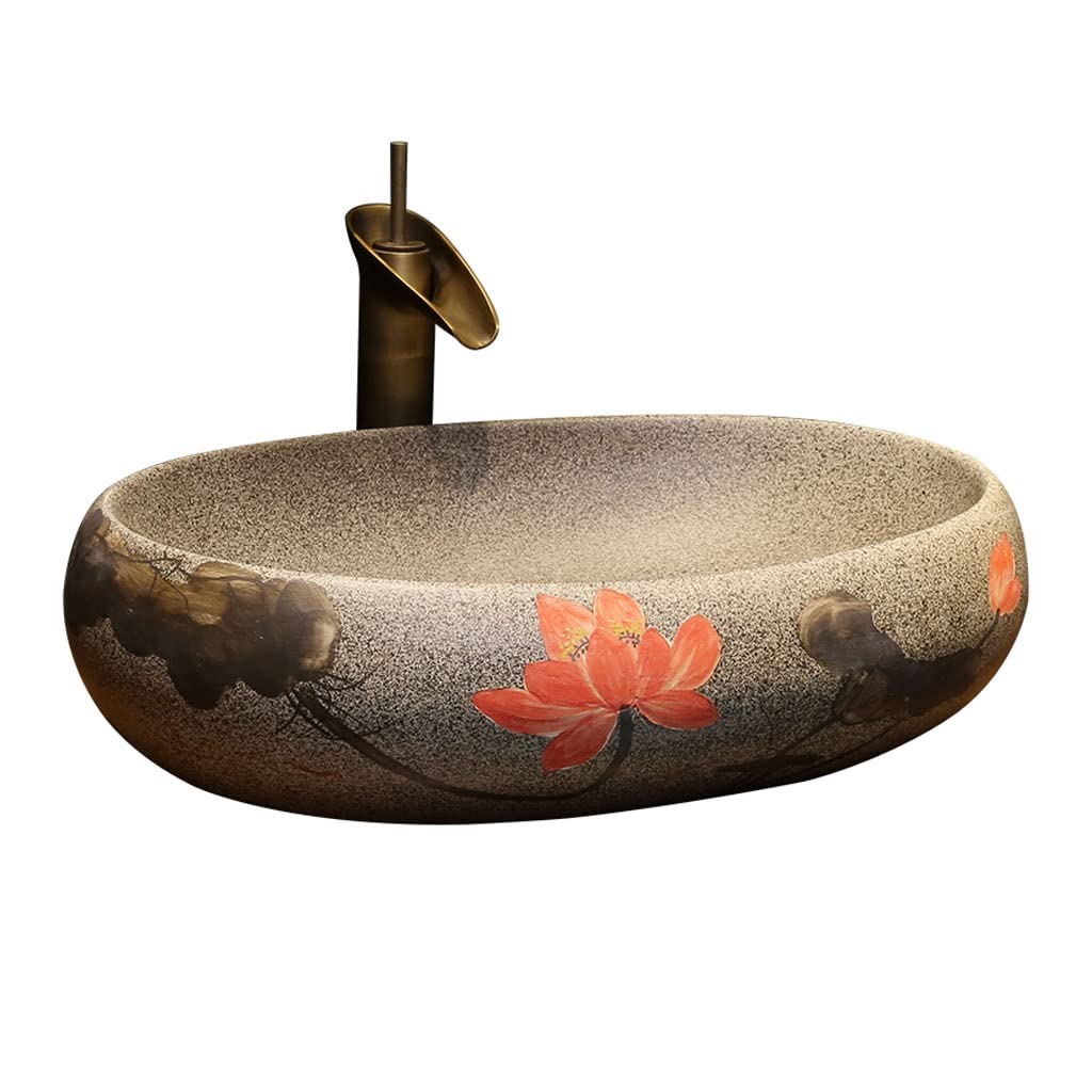 Umywalka wpuszczana do łazienki Łazienka umywalka owalna ceramiczna umywalka wzór lotosu sztuka umywalka nablatowa umywalka nablatowa z kranem Umywalki łazienkowe