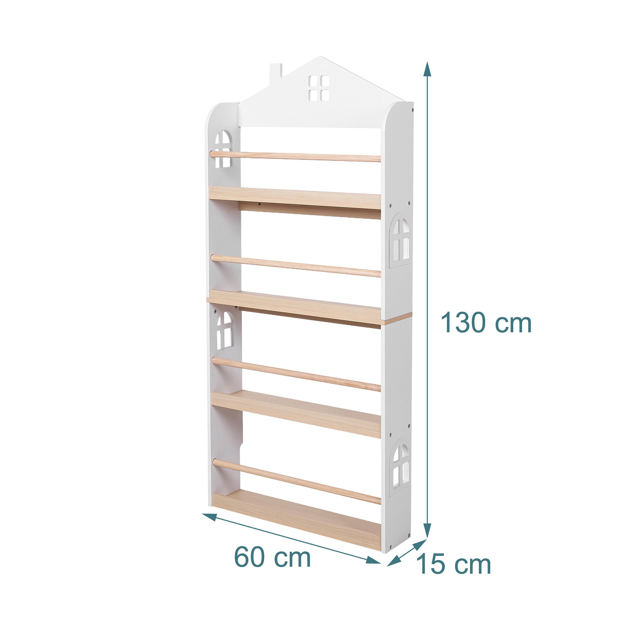 Relaxdays Étagère Livres Murale Enfants 4 Compartiments, Maison, Blanc/Naturel 130x60x15 cm