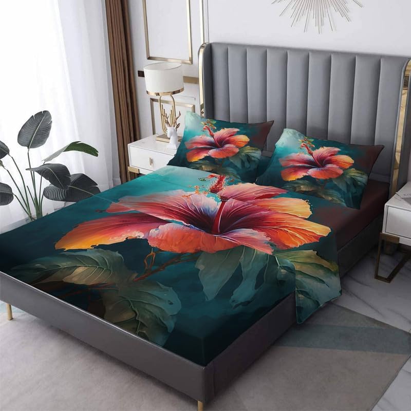 Juego de sábanas de cama de flores, tamaño King, juego de sábanas y fundas de almohada con bolsillo profundo de 12 pulgadas, sábanas de microfibra