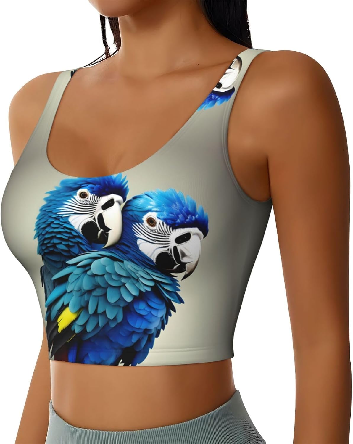 Blue Parrot Hugging Print Sports Bra for Women,Padded,Racerback,Perfect for Yoga,Workout and Running
