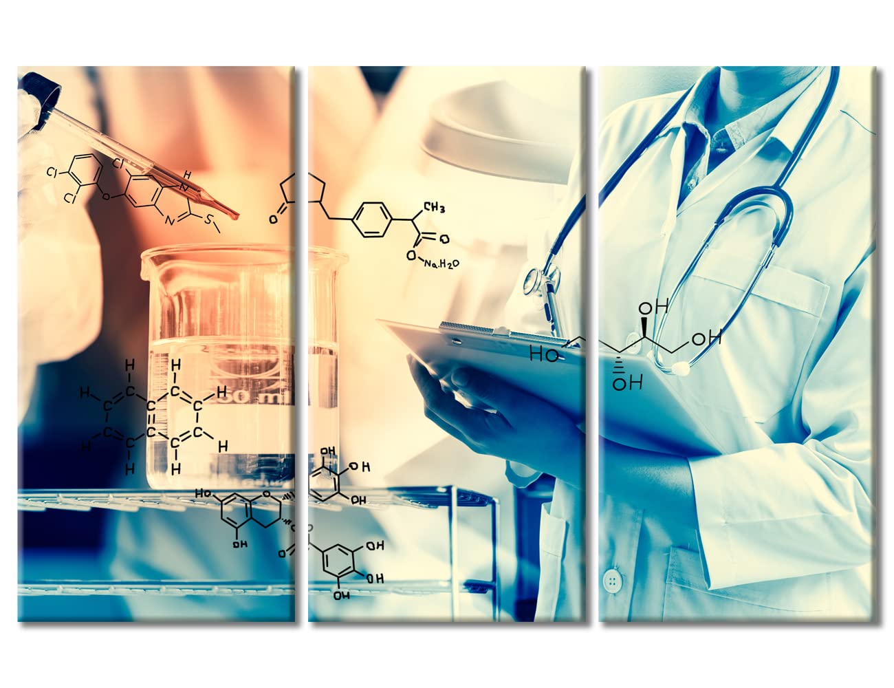 Young Scientist Canvas Paintings Wall Art Home Decor Scientist Writing Report with Equipment and Science Experiments Artwork Home Decor 3 Pieces Posters and Prints Framed Ready to Hang (42"Wx28"H)