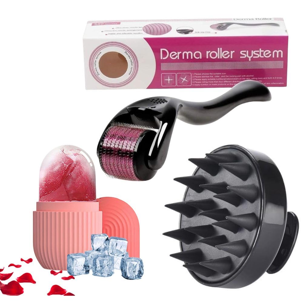 PIRU® 3-in-1 Hair Care & Skincare Combo Set with 0.5mm Derma Roller, Silicone Scalp Massager Brush and Face Ice Roller for Men & Women-image-16