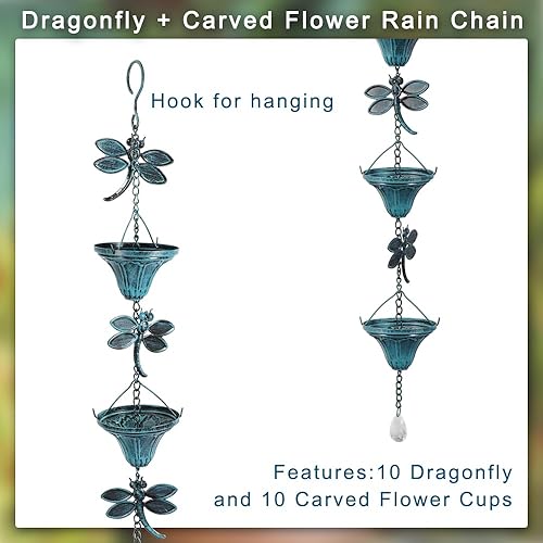 Miniatura 3 de Vindar Cadena de lluvia de libélula de hierro retro de 8.5 pies para canalones, bajantes de canalones, Uutside, color azul cielo antiguo, 10 tazas