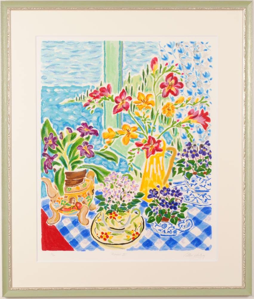 No4827額装　マリー・クライン　シルクスクリーン　花のある川辺風景　送料無料 No4827額装 マリー・クライン シルクスクリーン 花のある川辺