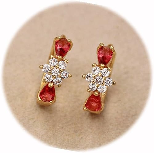 New Yellow Gold Plated Red Teardrop and White Round CZ Huggie Hoop Earrings Elegant Cute Unique Stunning Pretty jewerly Perfect for Any Occasion