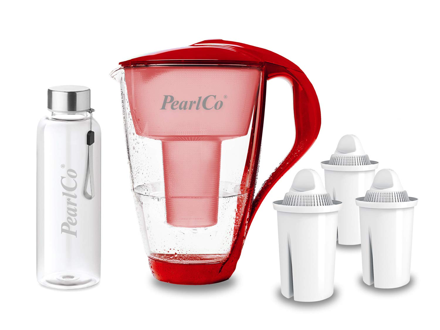 PearlCo - Szklany filtr do wody (czerwony) z 3 uniwersalnymi wkładami filtrującymi Classic + 1 butelka do picia ze szkła