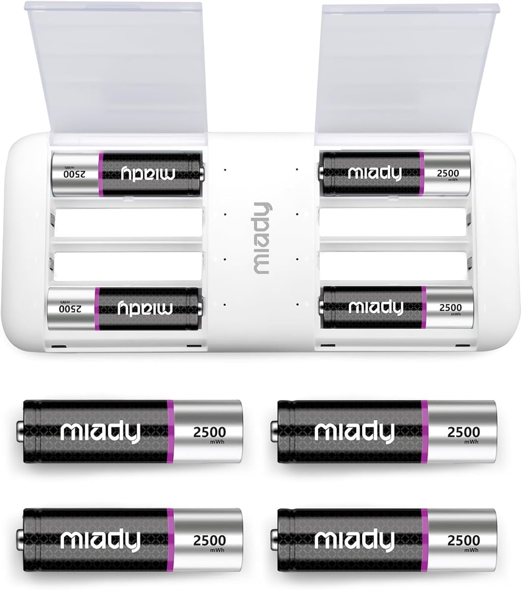 Miady Rechargeable Batteries AA Lithium 8 Pack with Fast Charger, 1.5V 2500mWh High Power Lithium AA Batteries with 2000+ Cycle Times, Low Self Discharge