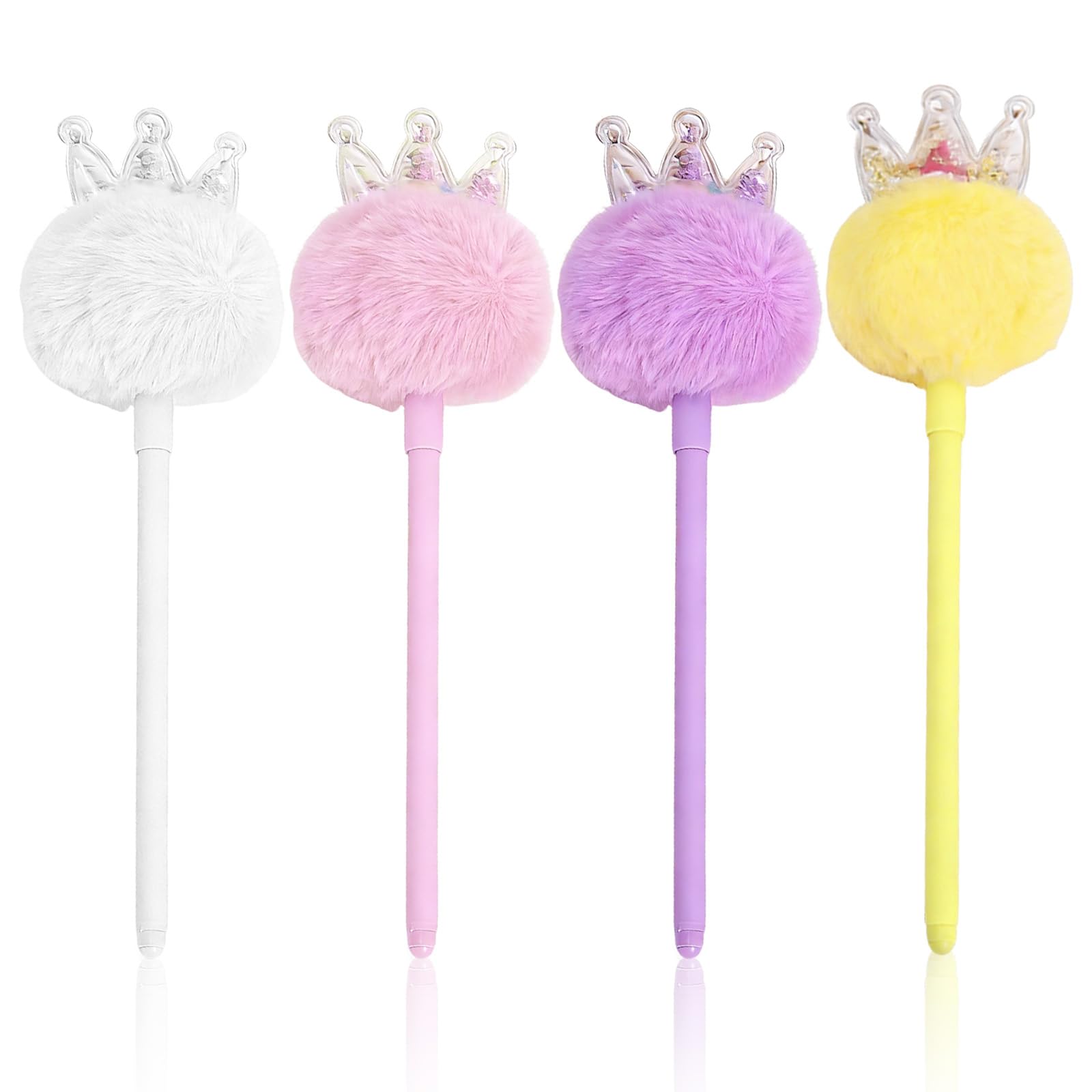 4 PCS Pink Fluffy Pen Crown Scepter Pom Pom Ballpoint Pens, Fluffy Ball Pens Cute Novelty Funky Fun Plush Pens Pastel Writing Pens School Supplies for Women Girls for Party and Office (Colorful)