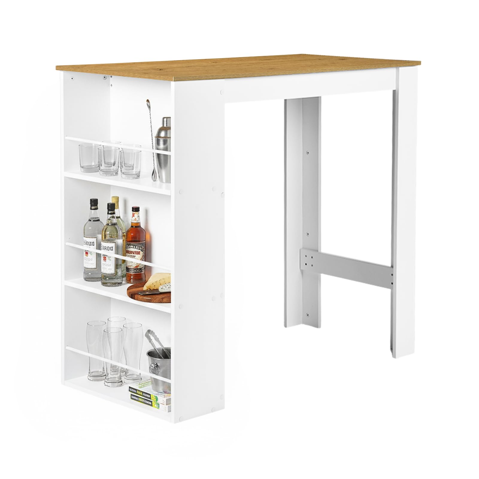 buybyroom Bartisch mit Stauraum Bartisch Küche, Stehtisch Bartheke für Bar Küche Wohnzimmer Esszimmer, 112×57×106cm, Weiß + Dunkle Eiche