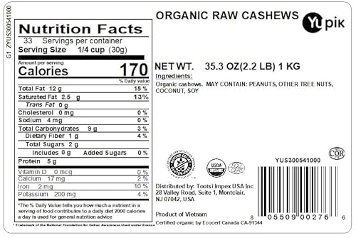image for Yupik Organic Raw Cashews, 2.2 lb (35.2 oz), Kosher, Gluten-Free, Non-
