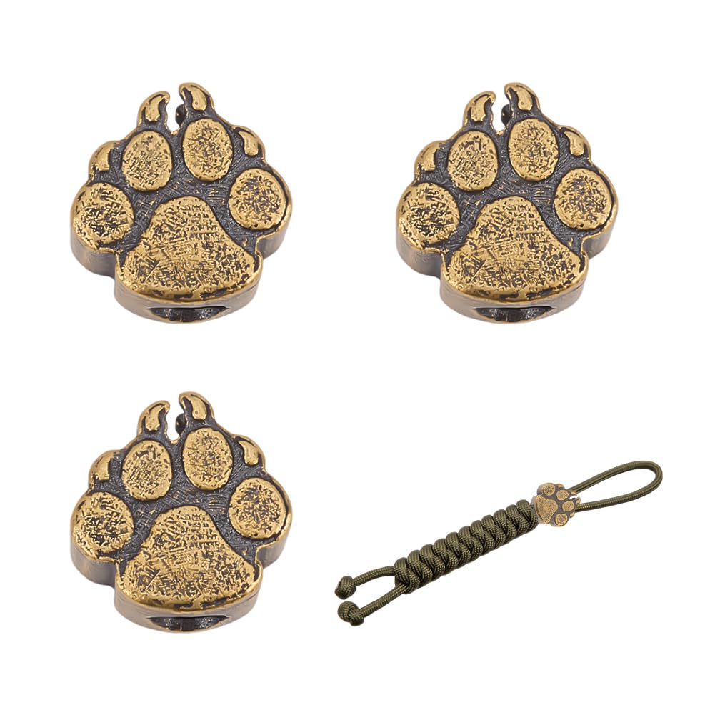 NBEADS 3Pcs Brass Paracord Beads, Paw Print Spacer Beads Metal Large Hole Beads EDC European Beads Lanyard Cord Beads for Jewelry EDC String Pendant Parachute String Tool, Hole: 5mm