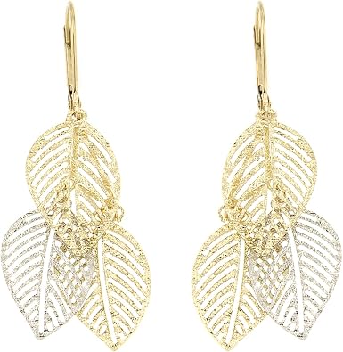 forme di Lucchetta - 14K White & Yellow Gold Leaf Earrings Dangle Drop - Stylish & Elegant Womens Jewelry from Italy