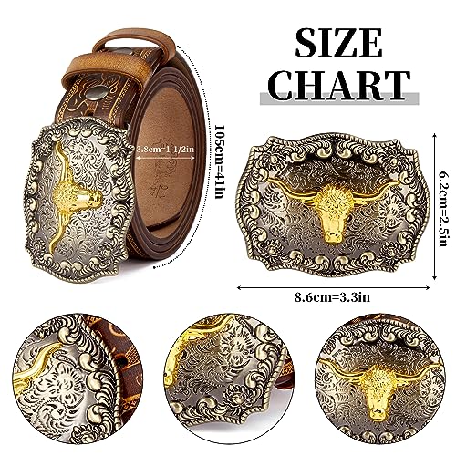 BISON DENIM Men's Western Double Embossed Leather Belts with Golden Cowboy Longhorn Bull Pattern Floral Engraved Buckle Belt4