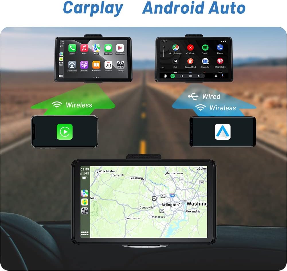 Image showing the AotuLink car stereo displaying navigation maps via Apple CarPlay and Android Auto, with wireless and wired connection options.