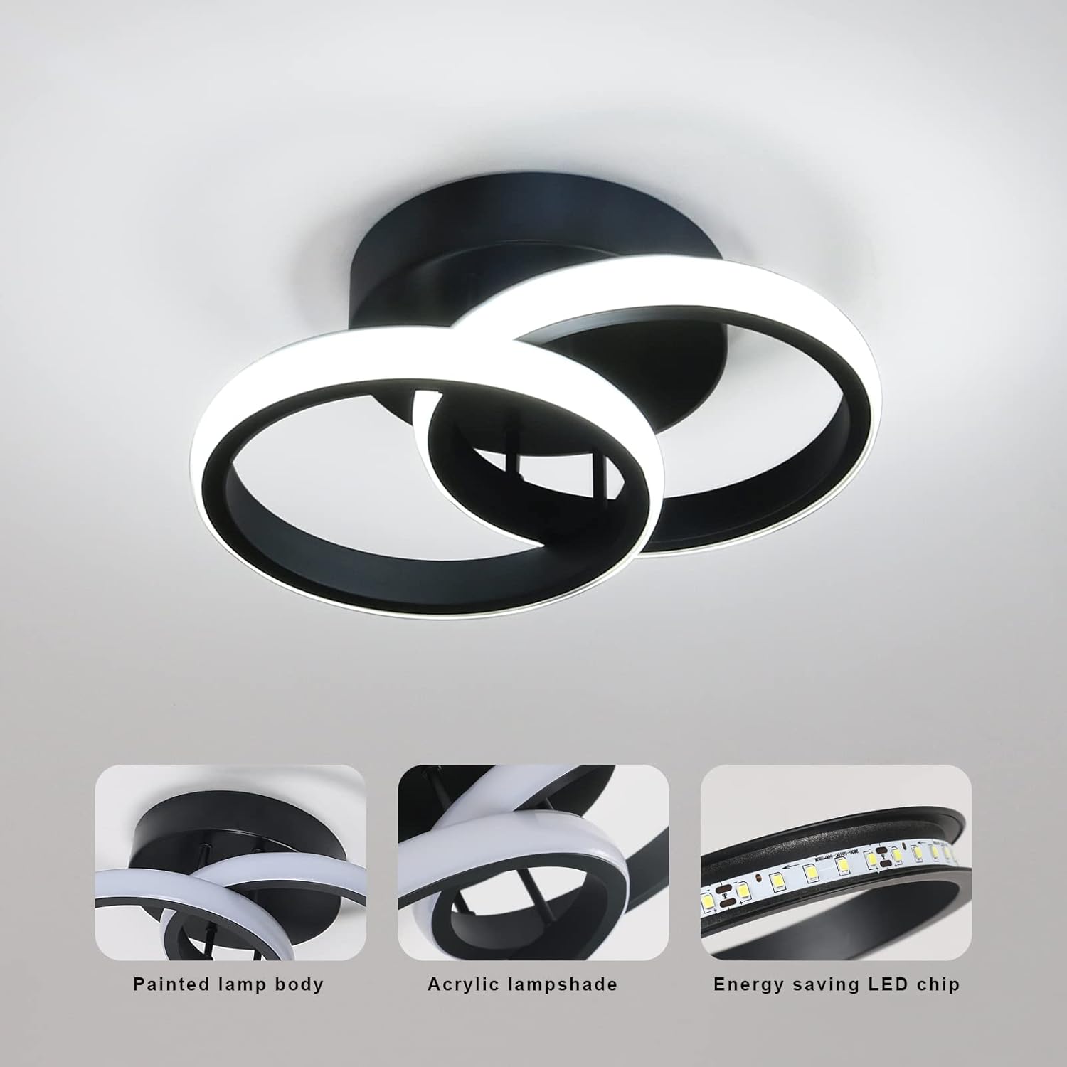 DELIPOP Modern LED Ceiling Light, 22W Black Flush Mount Ceiling Lamp Fixture, 6500K Cold White LED Hallway Light for Living Room Bedroom Entryway Aisle Bathroom Kitchen