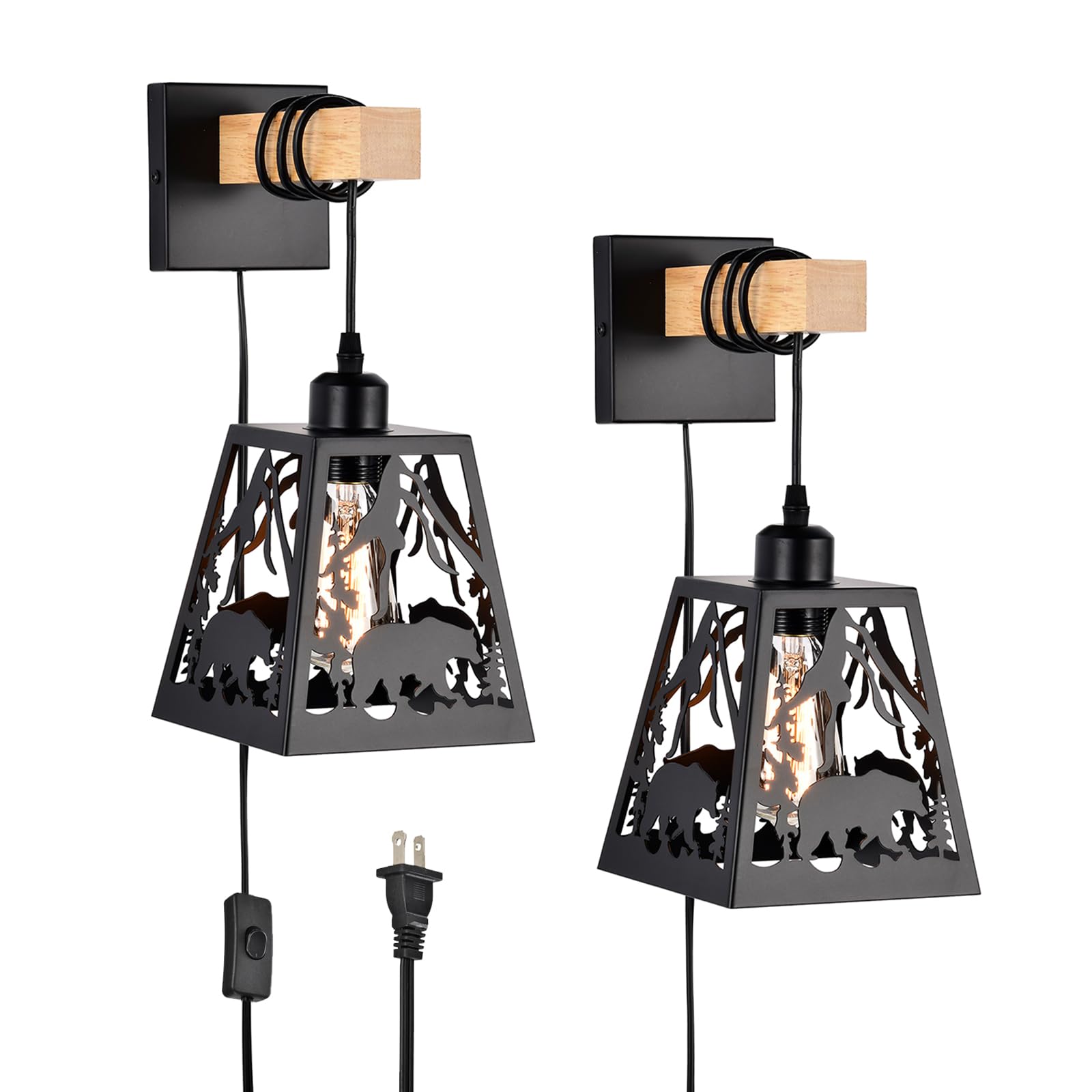 Sunnyin Plug in Wall Sconces Set of 2,Bear Matte Metal Rustic Sconces Wall Lighting,Black Farmhouse Wall Sconces,Bathroom Light Fixtures Indoor,
