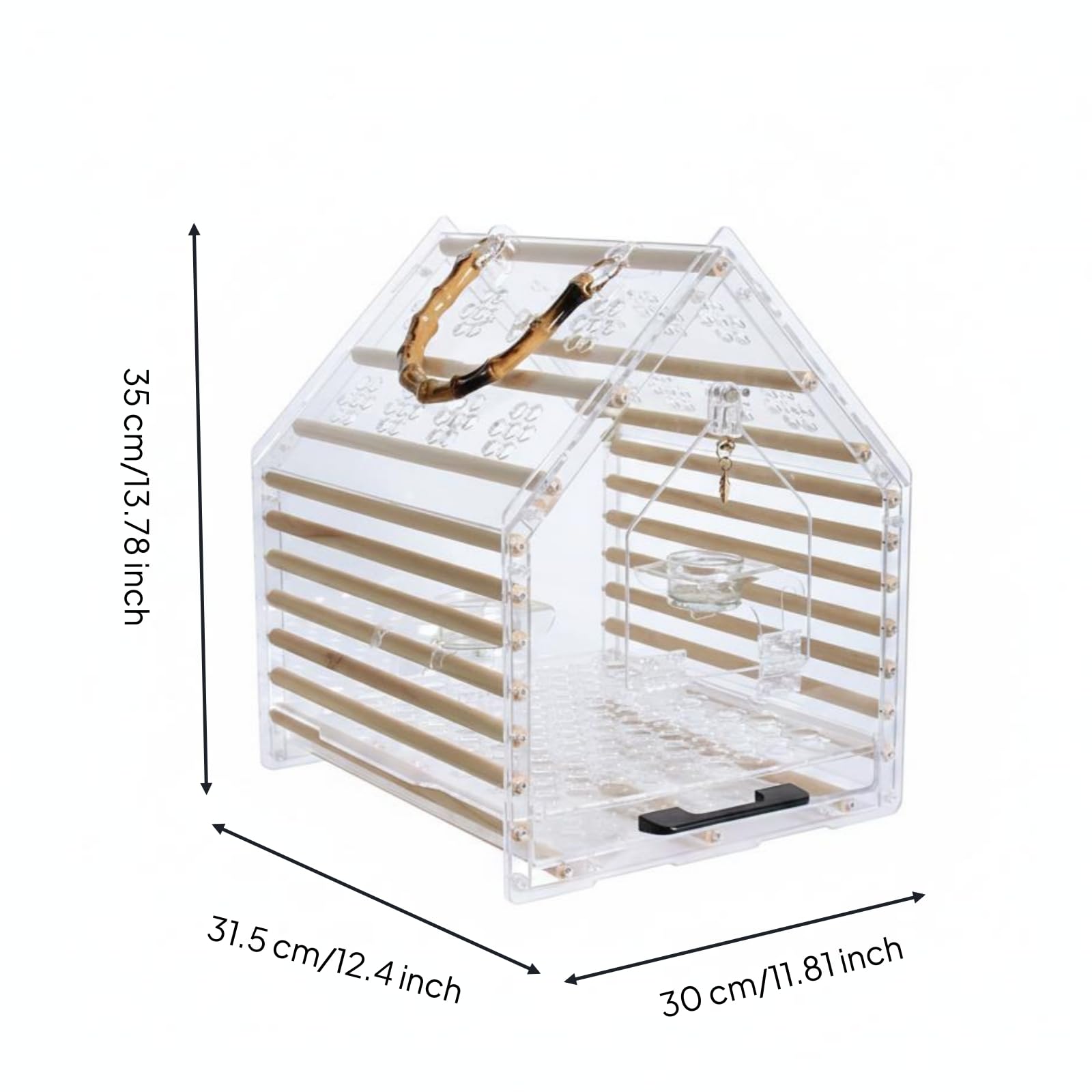 perfeclan Jaula para Pájaros Portátil Transportín Acrílico para Aves Jaula Caja con Listones de Madera Asa de Bambú Base Perforada, Mediano, Techo Puntiagudo