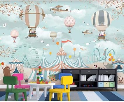 Amazon Co Jp 大きな3d壁紙 漫画熱気球飛行機動物パップサーカス遊び場の背景 壁3d壁紙壁画280 Cm W X 180 Cm H ホーム キッチン