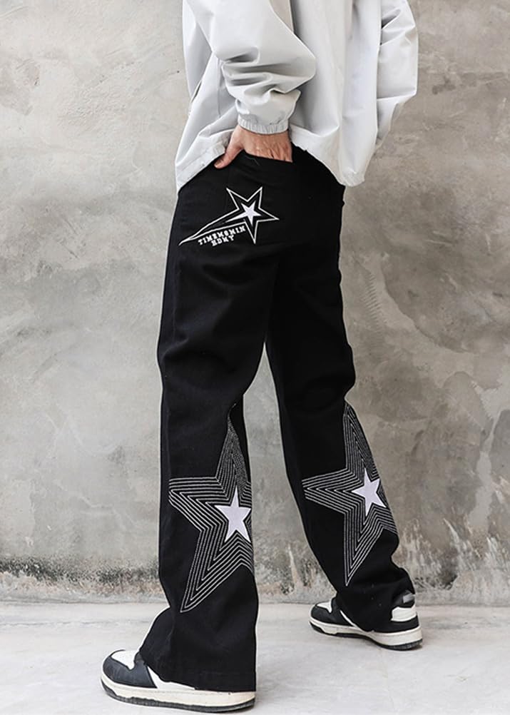 ORANDESIGNE Jeans da Uomo Ricamati con Lettera Posteriore Pantaloni Larghi Hip-Hop a Gamba Larga Pantaloni abbottonati per la Strada Alta
