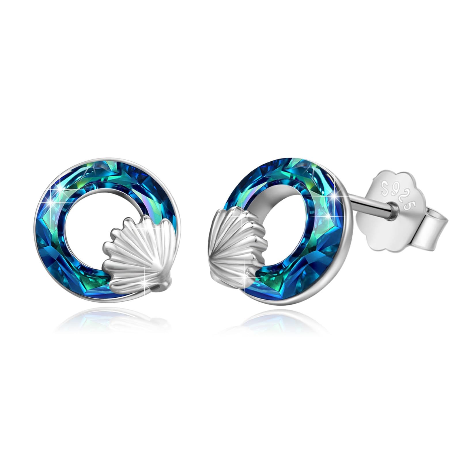 CUOKA MIRACLE Pendientes de cristal para niña, plata de ley 925, tortuga, tiburón, sirena, pulpo, caballito de mar, animales, pendientes para niñas, tortugas, joyas, regalos para mujeres y niños, Plata de ley