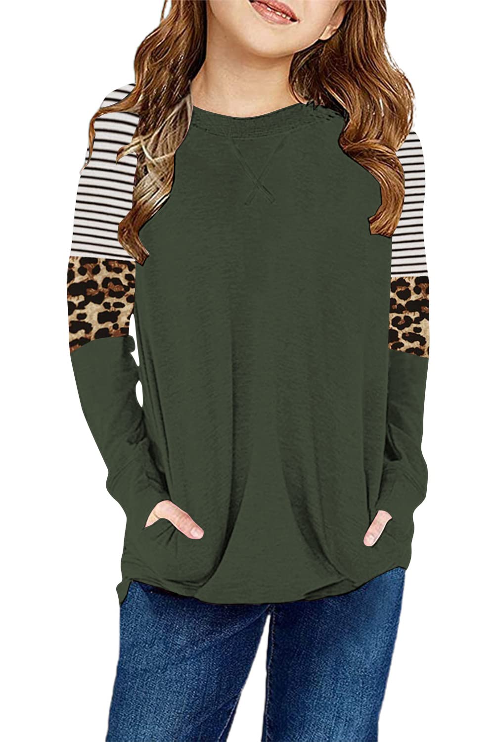 SELINK Girl's Casual Big Kids Long Sleeve Striped Color Block Tees Pockets