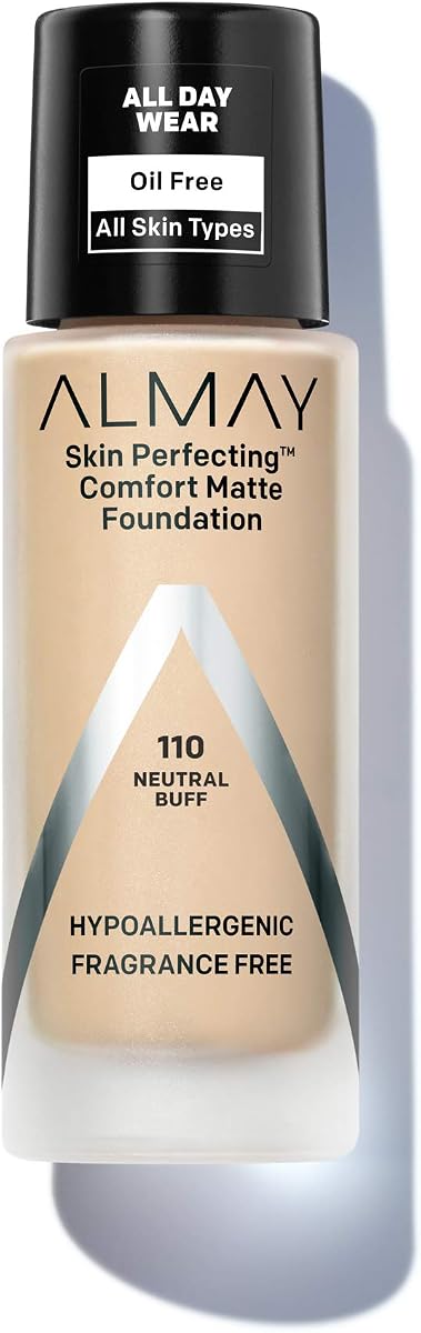 Almay Skin Perfecting Comfort Matte Foundation, Hypoallergenic, Cruelty Free, -Fragrance Free, Dermatologist Tested Liquid Makeup, Neutral Buff, 1 Fluid Ounce