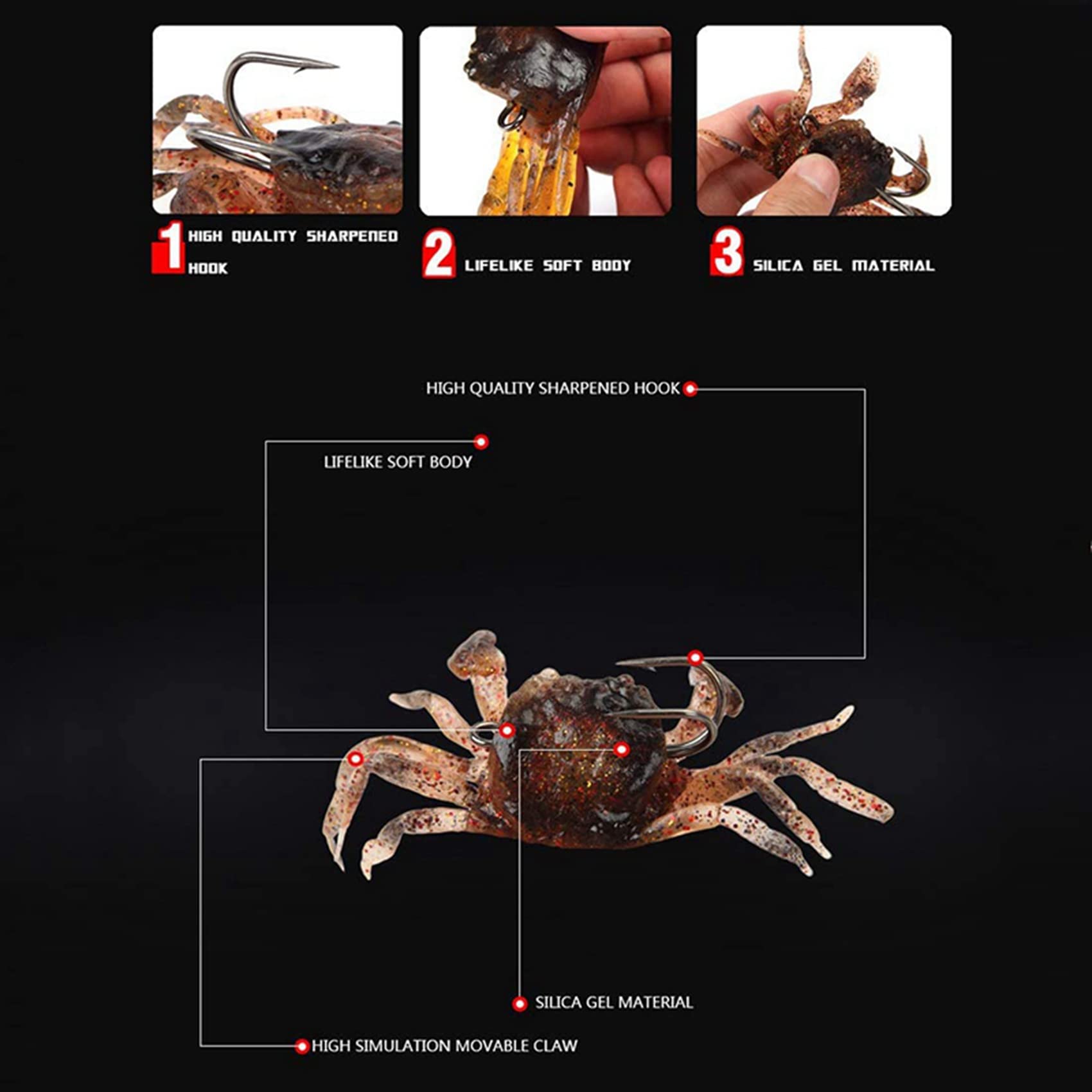15 Esche Da Pesca In Plastica Morbida 3D - Granchio Color Ambra Trasparente E Marrone, Non Truccate