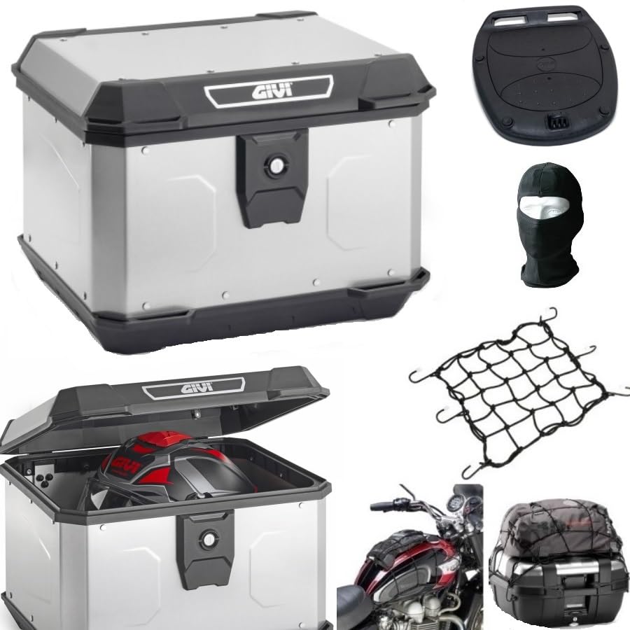 CARATTERISTICHE PRODOTTO: Bauletto Alpina 44 litri Givi completo di piastra universale Monolock + tappetino interno. Realizzato in tecnopolimero ad alta resistenza colore alluminio naturale, linea più moderna e dinamica, mantenendo rigidità e robustezza strutturale. All’interno, il rivestimento in feltro offre una protezione da urti e graffi, consente di custodire un casco modulare taglia XXL o un JET + accessori.Sistema di chiusura Crablock .GIVI garantisce per le proprie valigie un grado di tenuta acqua corrispondente a una normale pioggia, con una portata maggiore di 20 lt./min.