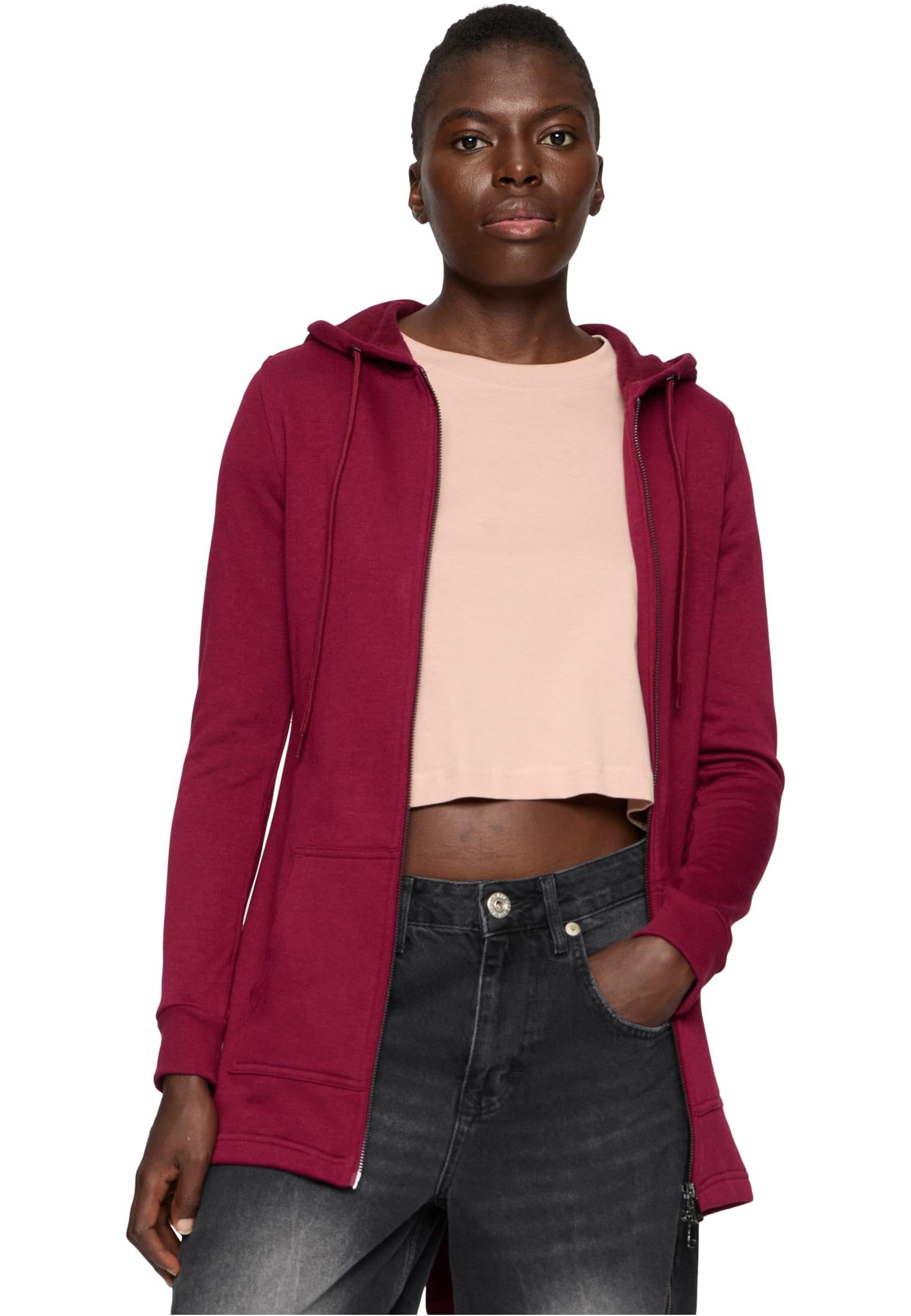 URBAN CLASSICS Women's Long Hoodie Parka, Long Jumper with Drawstring Zip, Long Sleeves Jumper with Large Pockets & Elasticated Cuffs, Long Cardigan with Hoodie, Colour: Burgundy, Size: Large