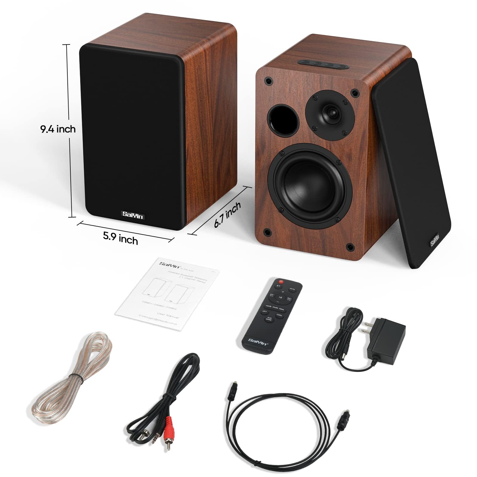Saiyin Bluetooth Bookshelf, 40W X 2 Powered TV-Lautsprecher mit 4-Zoll-Tieftöner, Turntable-Lautsprecher mit optischem/AUX-Eingang/Subwoofer Line Out für PC und TVs