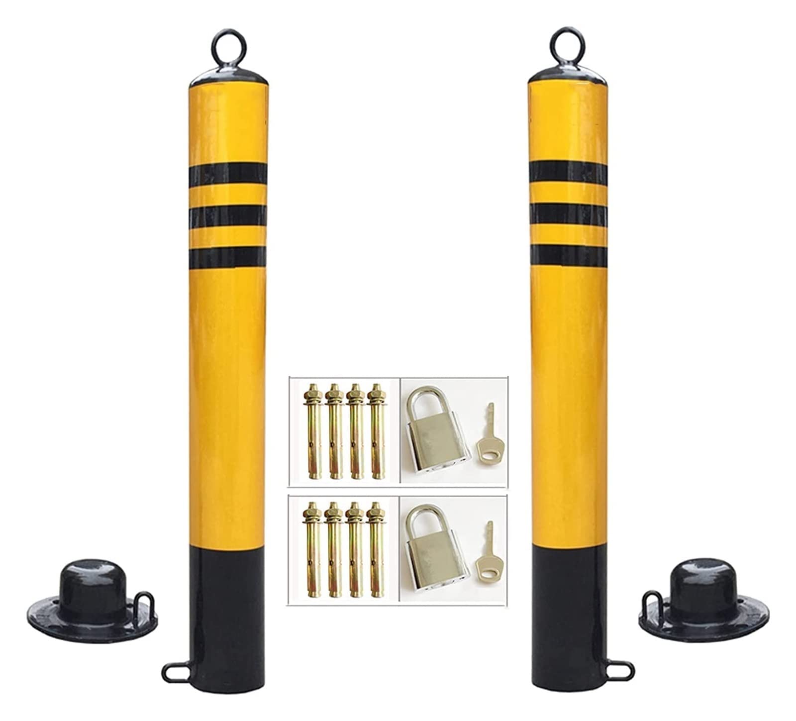 MOKLYF Traffic Bollard, Car Parking Barrier Safety Heavy Duty Black Parking Barrier Column with Suspension Ring and Mobile Base Galvanized Metal Bollard (76x650mm)