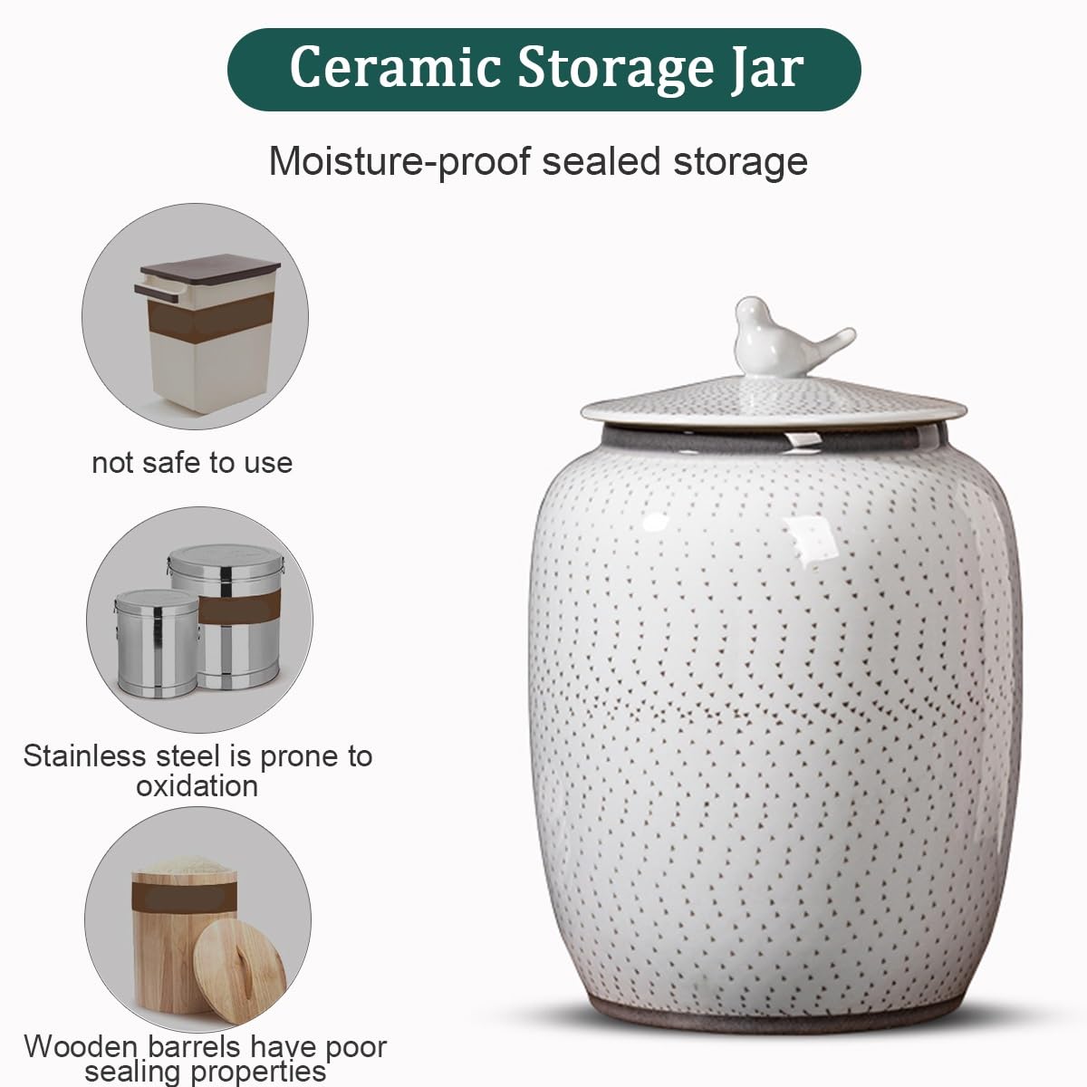 Céramique Seau À Riz,Seau À Riz Accueil Boîte À Riz Scellé,Récipient De Stockage De Riz en Céramique,Scellé À L'humidité,20kgrande Capacité,Récipient De Stockage De Riz