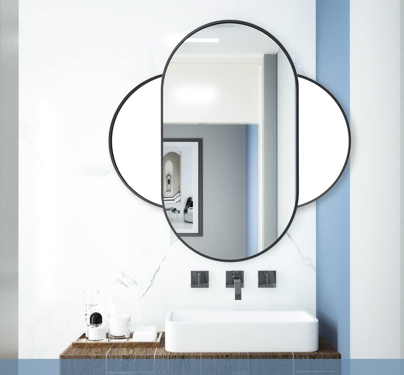 Specchio da parete ovale con telaio in metallo – Specchio da bagno in design moderno, montaggio a parete, Nero o Oro (Nero, 80 x 40 cm)